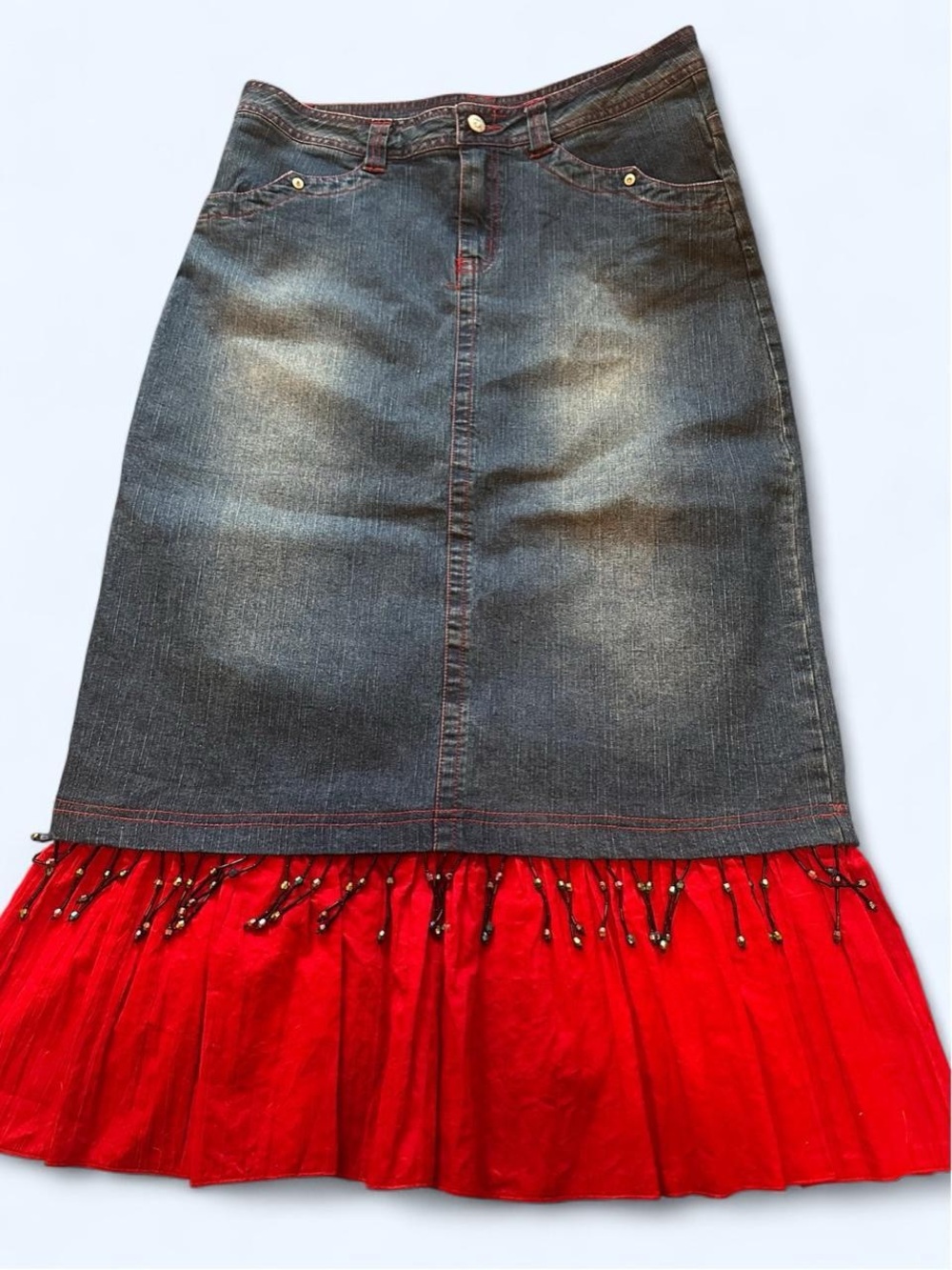 Y2K Indulgence Denim Midi Skirt with Red Ruffle and Beaded Trim